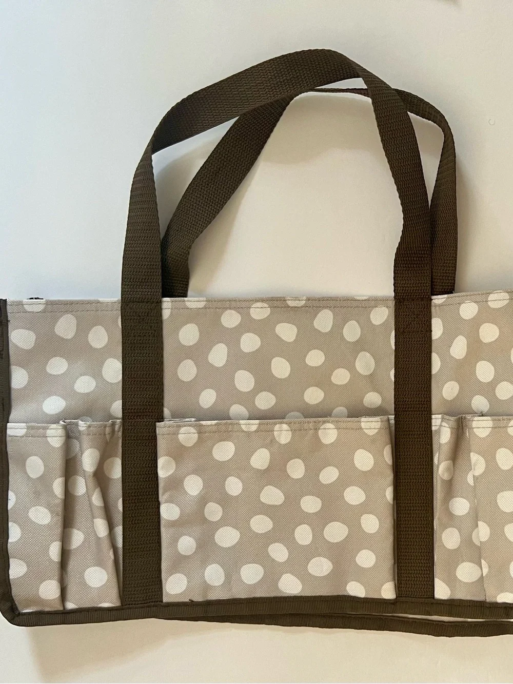 thirty-one Beige/ White Lotsa Dots Polka Dot Utility Tote with Brown Straps NWOT
